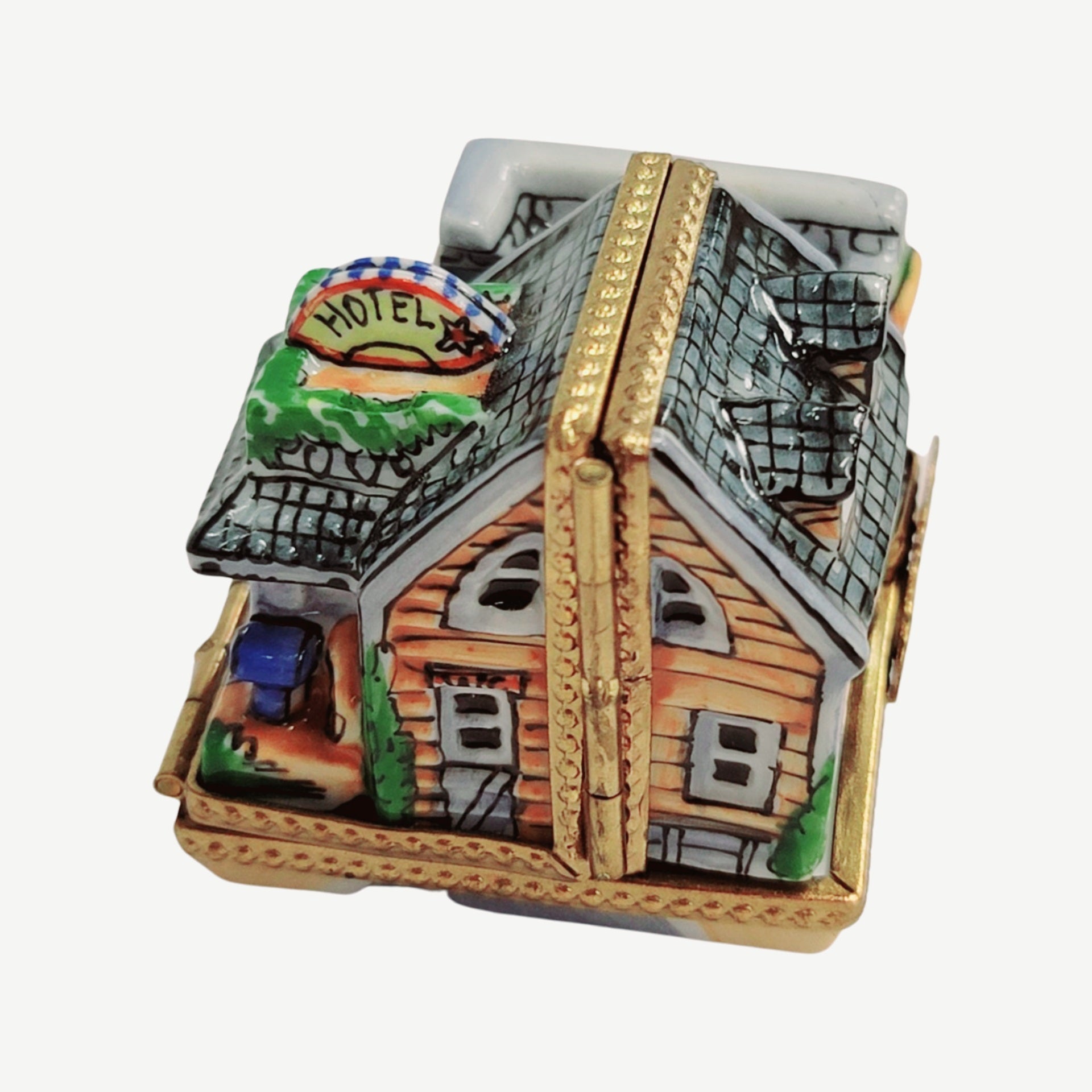 Triple Hinged Blue Motel Porcelain Limoges Artoria French Trinket Box