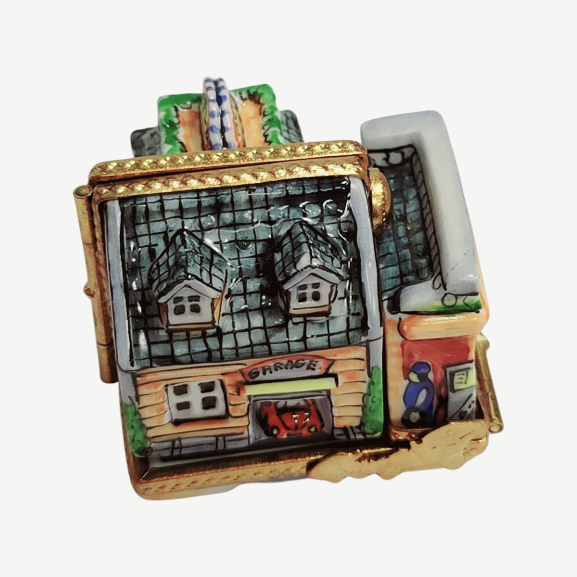 Triple Hinged Blue Motel Porcelain Limoges Artoria French Trinket Box