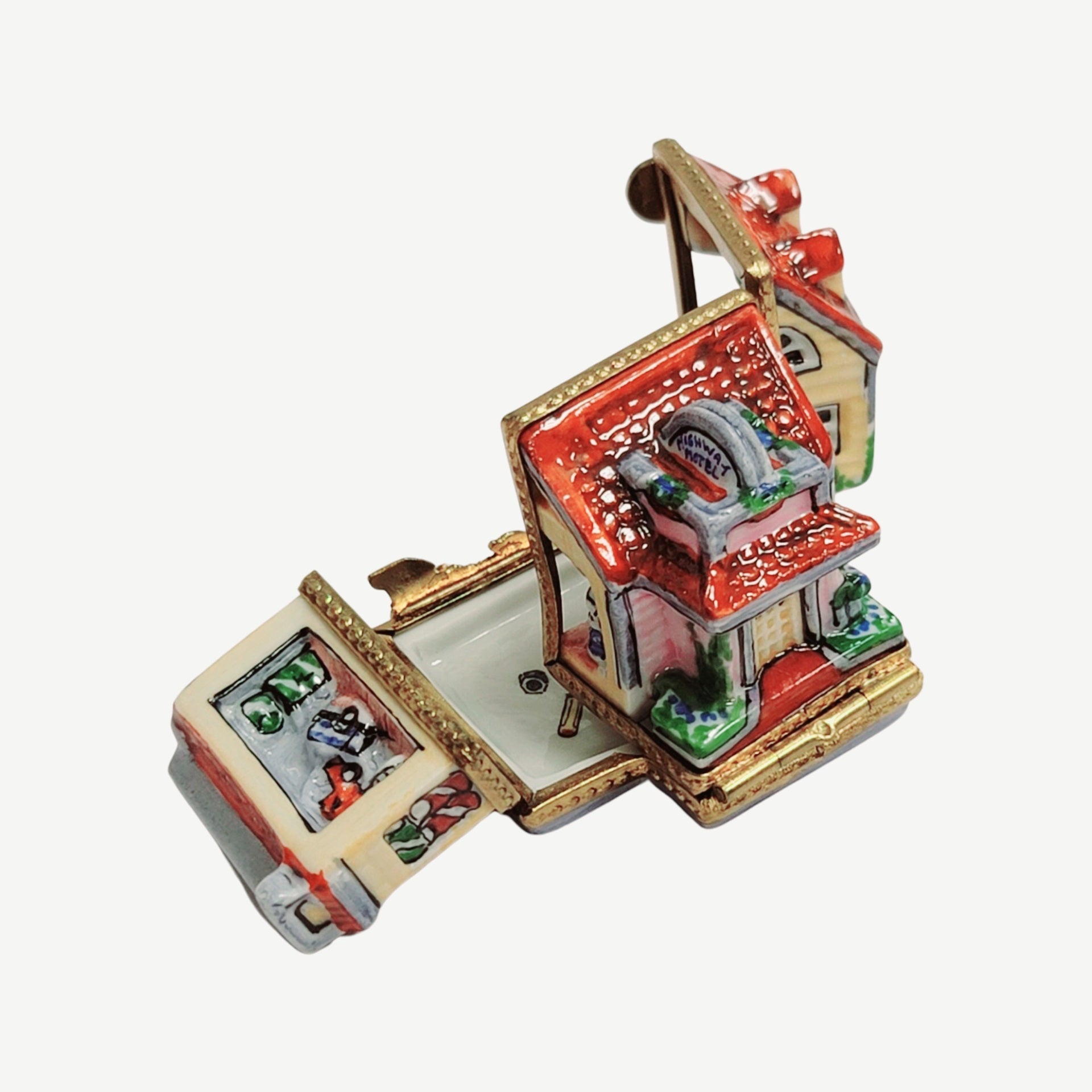 Triple Hinged Red Motel Box Porcelain Limoges Artoria French Trinket Box