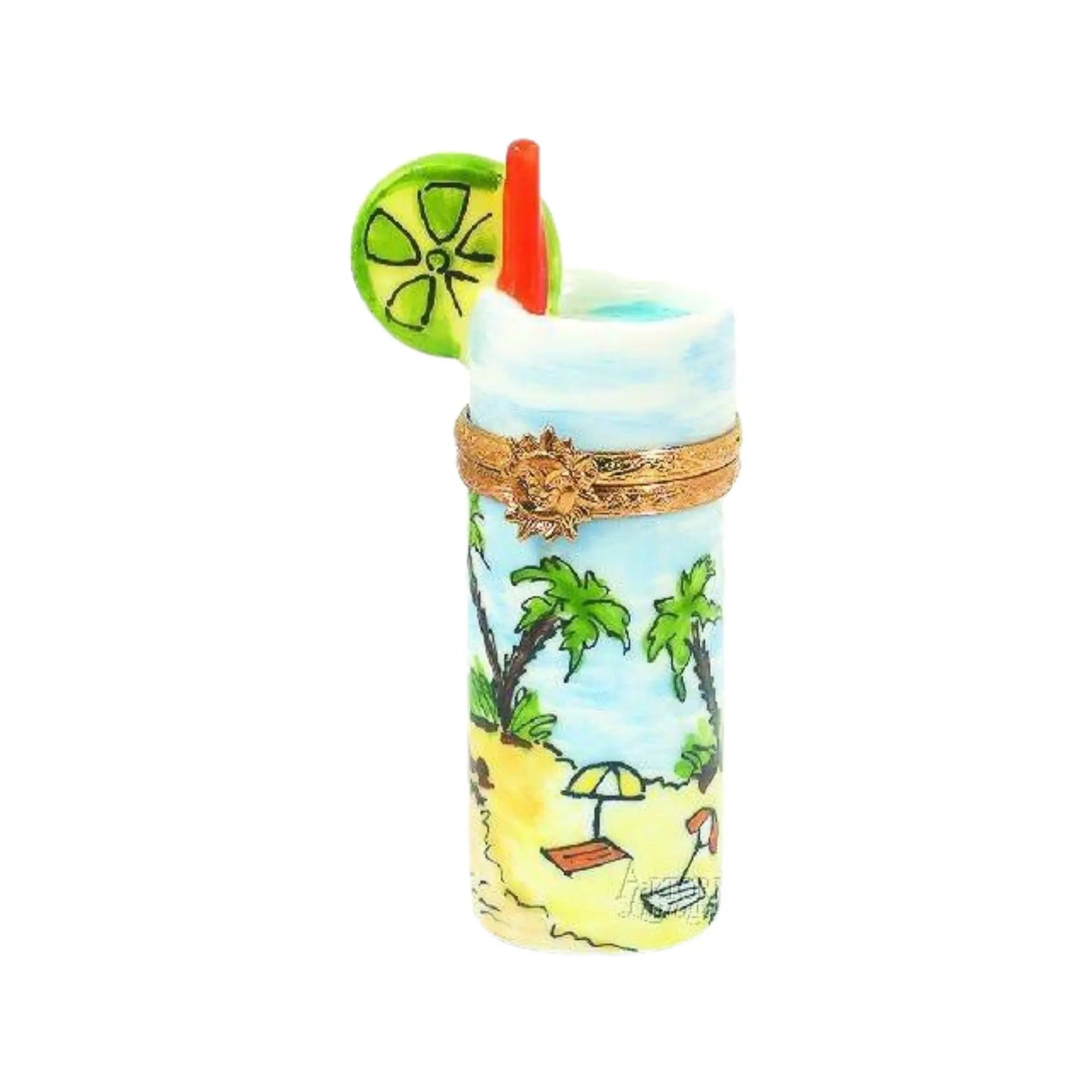 Tropical Drink w Palm Tree Porcelain Limoges wine beach ocean spirits French Trinket Box