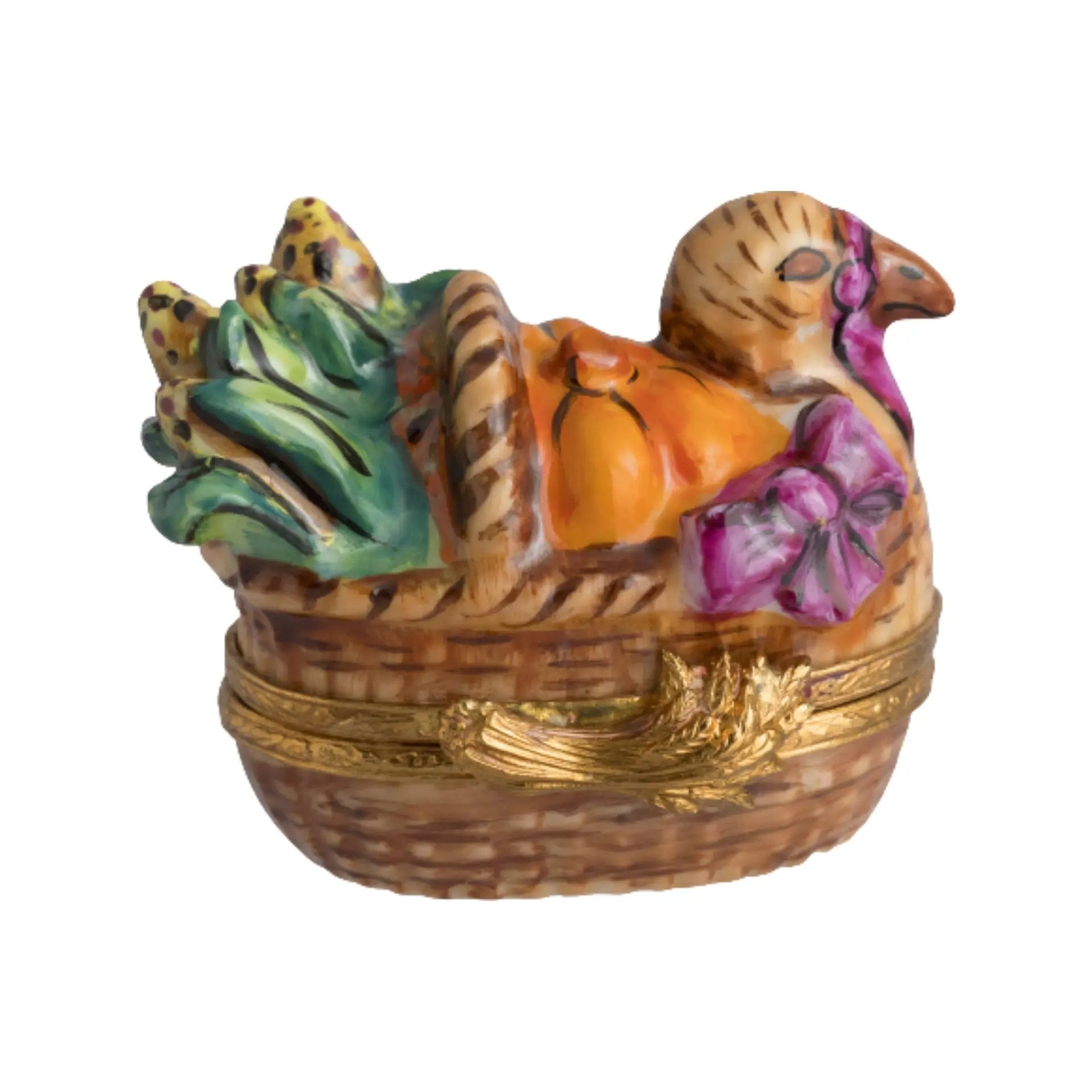 Close-up of a festive turkey basket, filled with seasonal produce and holiday decorations 
###