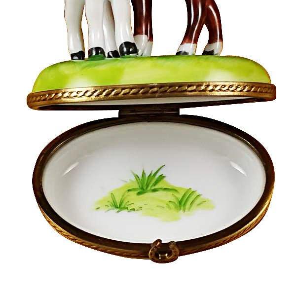 Two Horses on Small Oval Porcelain Limoges farm horse French Trinket Box