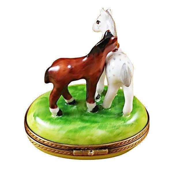 Two Horses on Small Oval Porcelain Limoges farm horse French Trinket Box