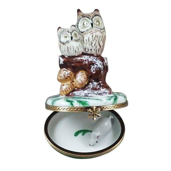 Two Owls with Snow Mouse Christmas Owl Porcelain Limoges bird Rochard Limoges Box winter French Trinket Box