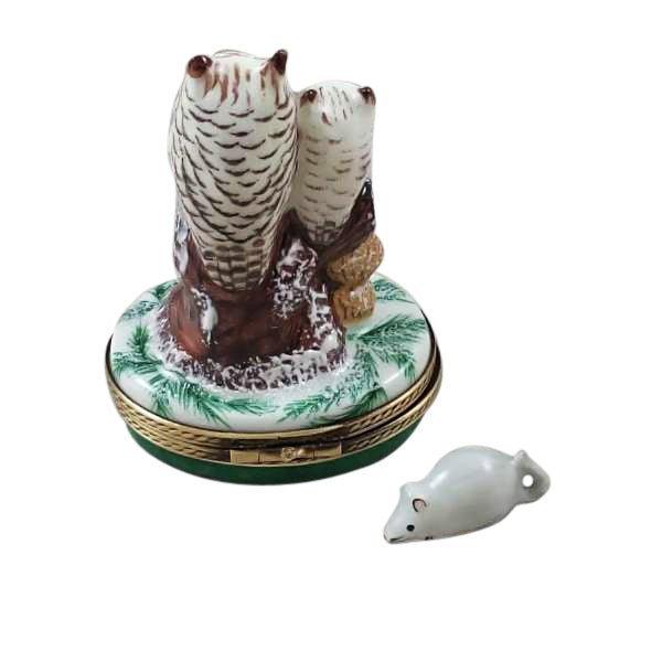 Two Owls with Snow Mouse Christmas Owl Porcelain Limoges bird Rochard Limoges Box winter French Trinket Box