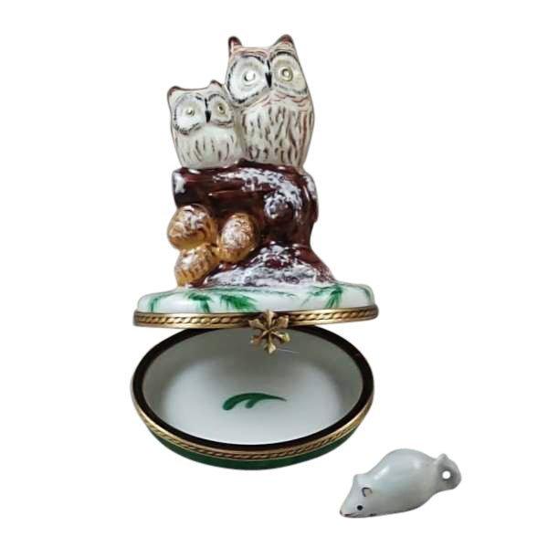 Two Owls with Snow Mouse Christmas Owl Porcelain Limoges bird Rochard Limoges Box winter French Trinket Box
