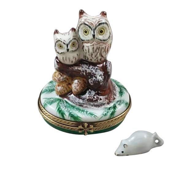 Two Owls with Snow Mouse Christmas Owl Porcelain Limoges bird Rochard Limoges Box winter French Trinket Box