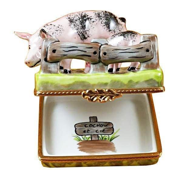 Two Spotted Pigs by Fence limoges box Porcelain Limoges French Trinket Box