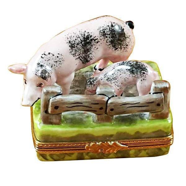 Two Spotted Pigs by Fence limoges box Porcelain Limoges French Trinket Box