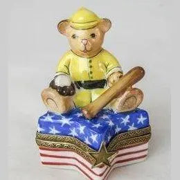 USA Teddy Bear Baseball Star Porcelain Limoges Teddy united states sports French Trinket Box