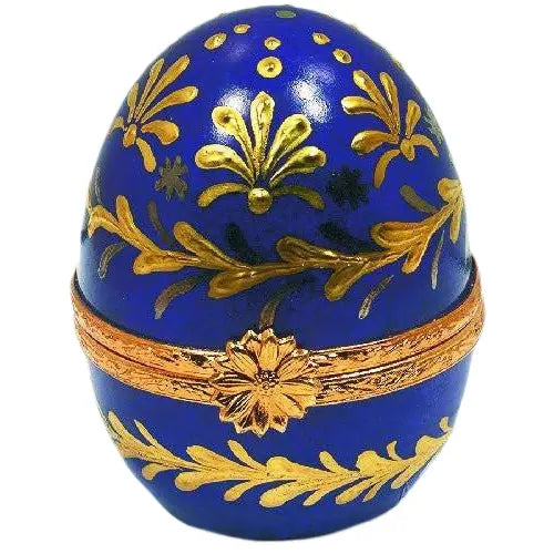 Upright Blue Gold Embellished Egg Porcelain Limoges Egg French Trinket Box
