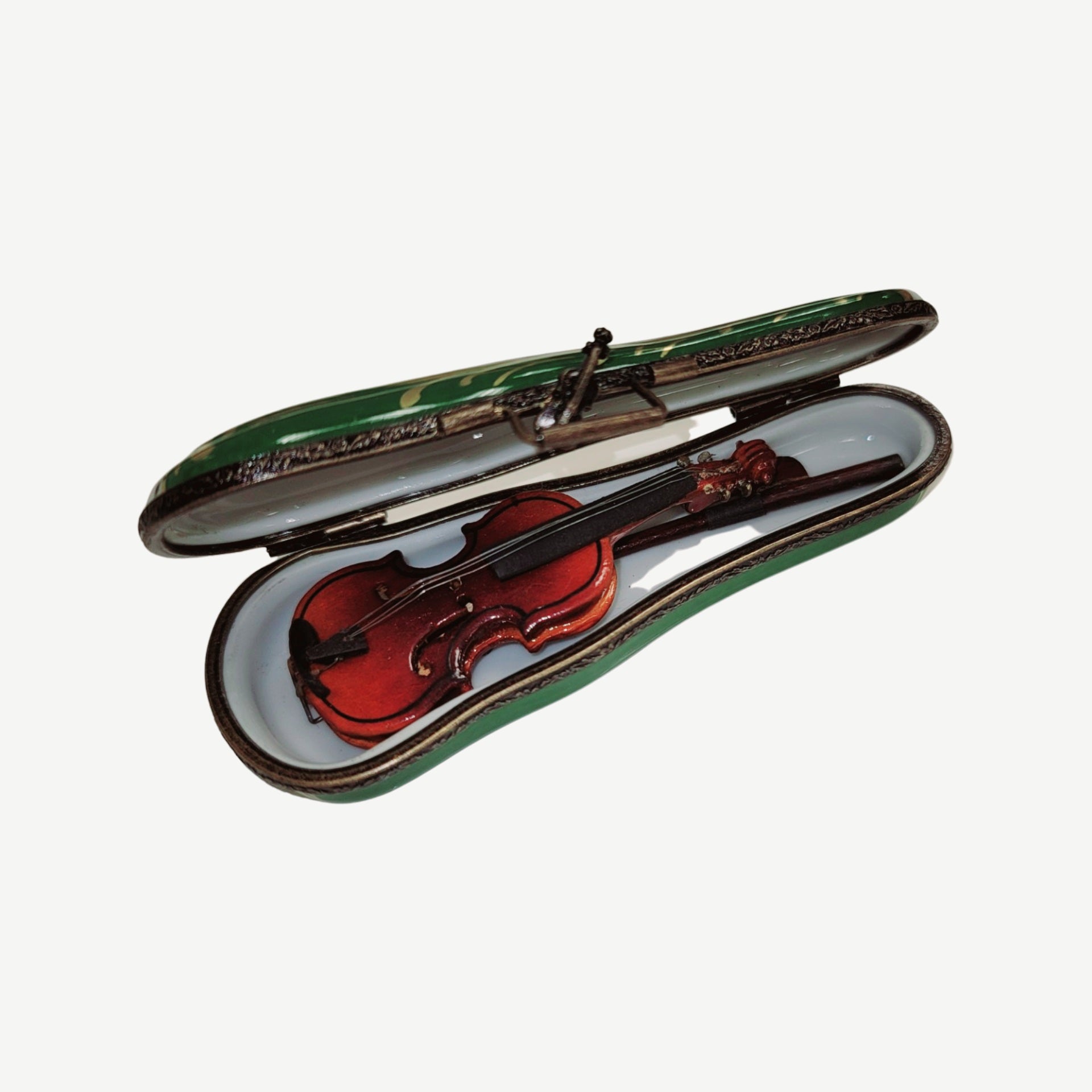 Violin Masterpiece in Green Case Porcelain Limoges music French Trinket Box
