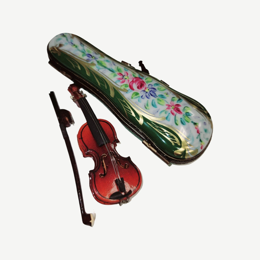 Violin Masterpiece in Green Case Porcelain Limoges music French Trinket Box