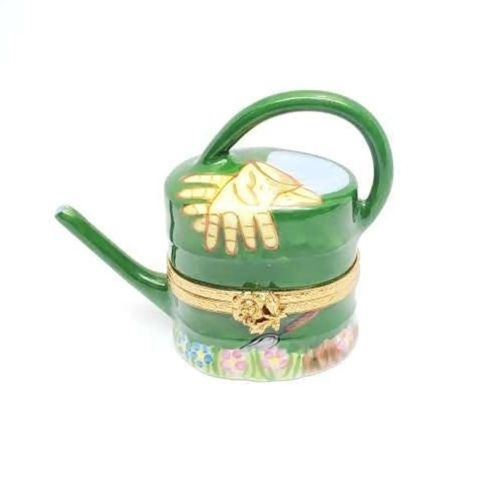 Watering Can: Green Porcelain Limoges garden flowers French Trinket Box