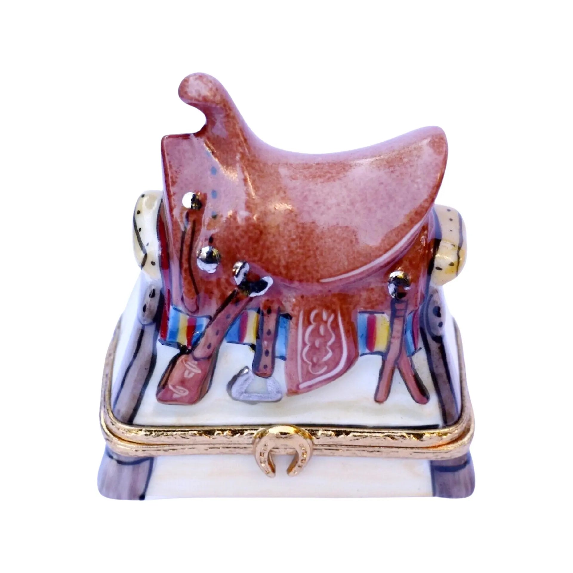 Western Saddle Porcelain Limoges sports farm animals French Trinket Box