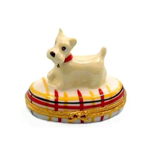 Westie Dog On Red And Yellow Base Porcelain Limoges dog dogs French Trinket Box