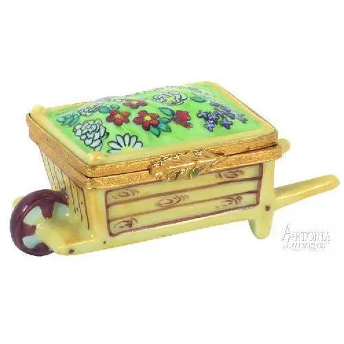 Wheel Barrow: Wood w Flower Garden Porcelain Limoges garden flowers French Trinket Box
