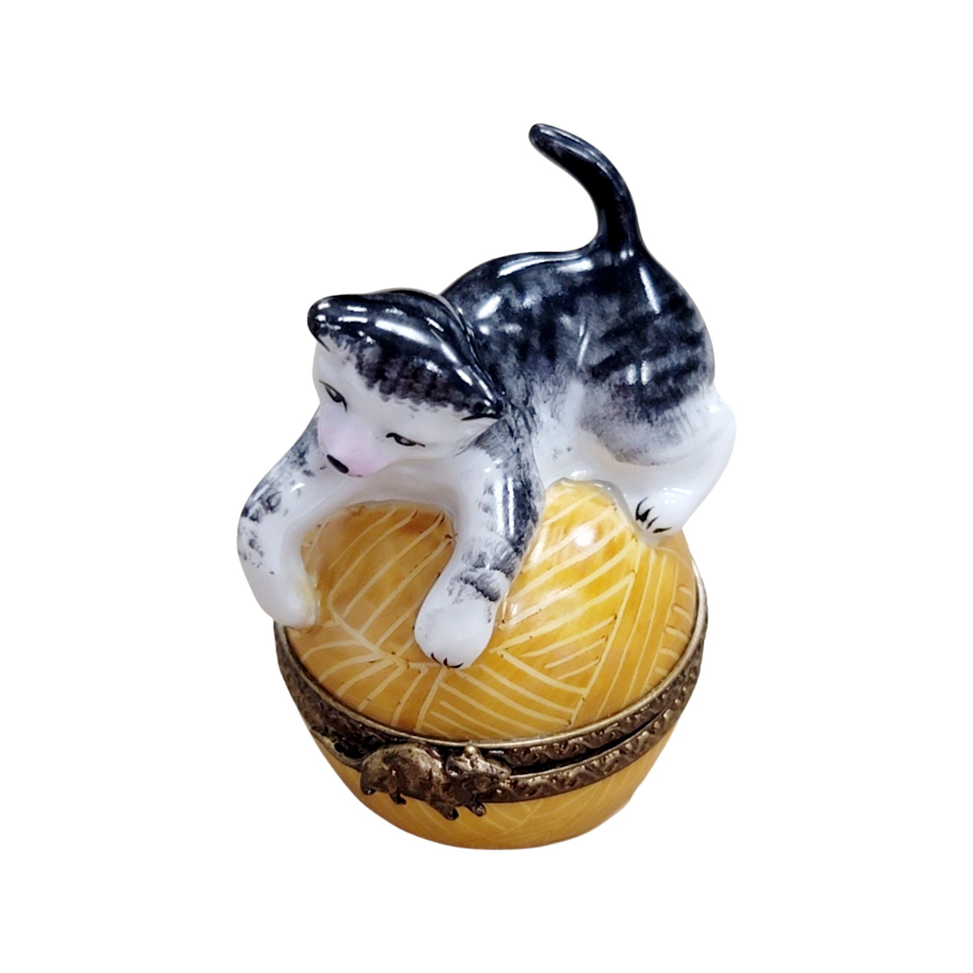 Whimsical Cat Yarn Delight Porcelain Limoges Cat French Trinket Box