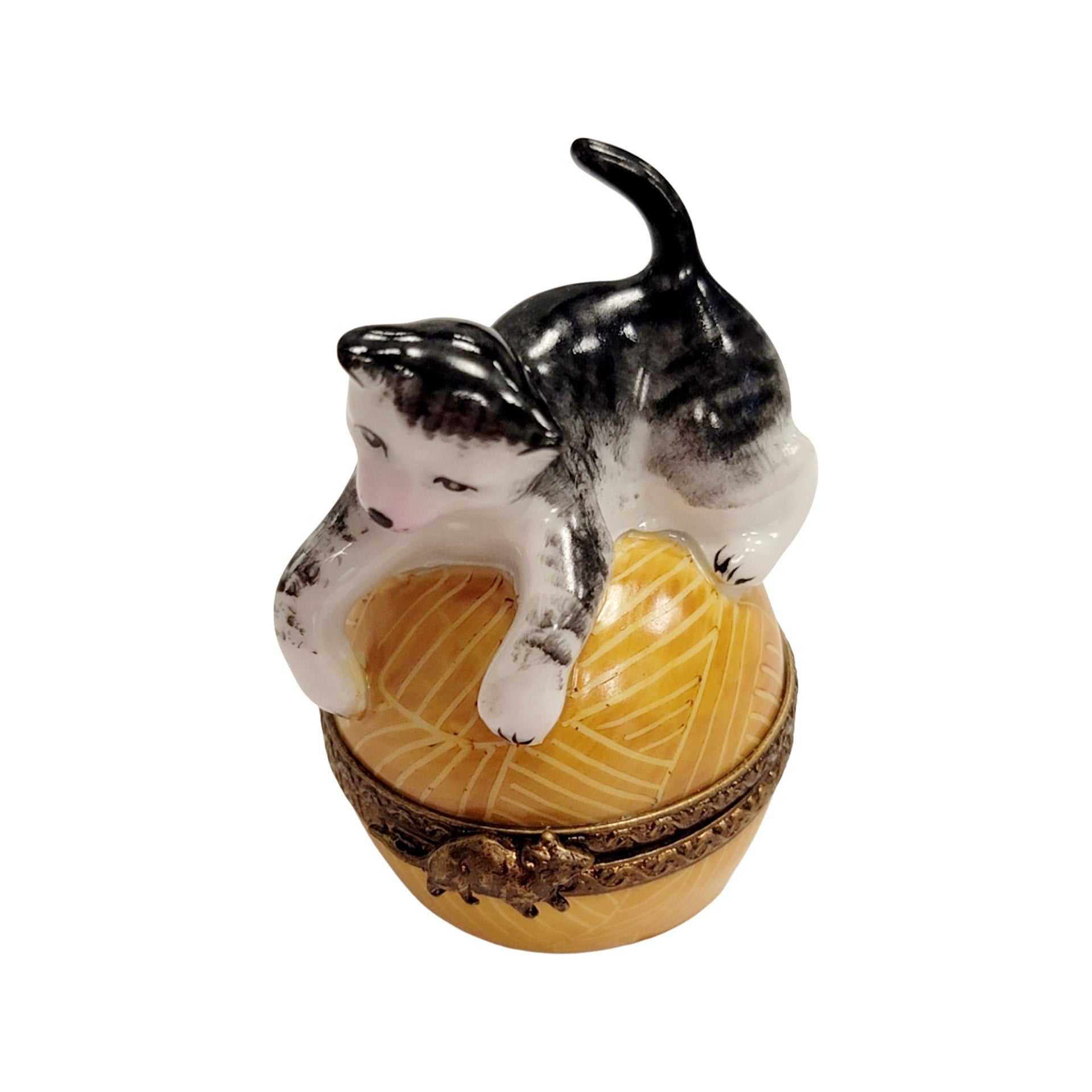 Whimsical Cat Yarn Delight Porcelain Limoges Cat French Trinket Box