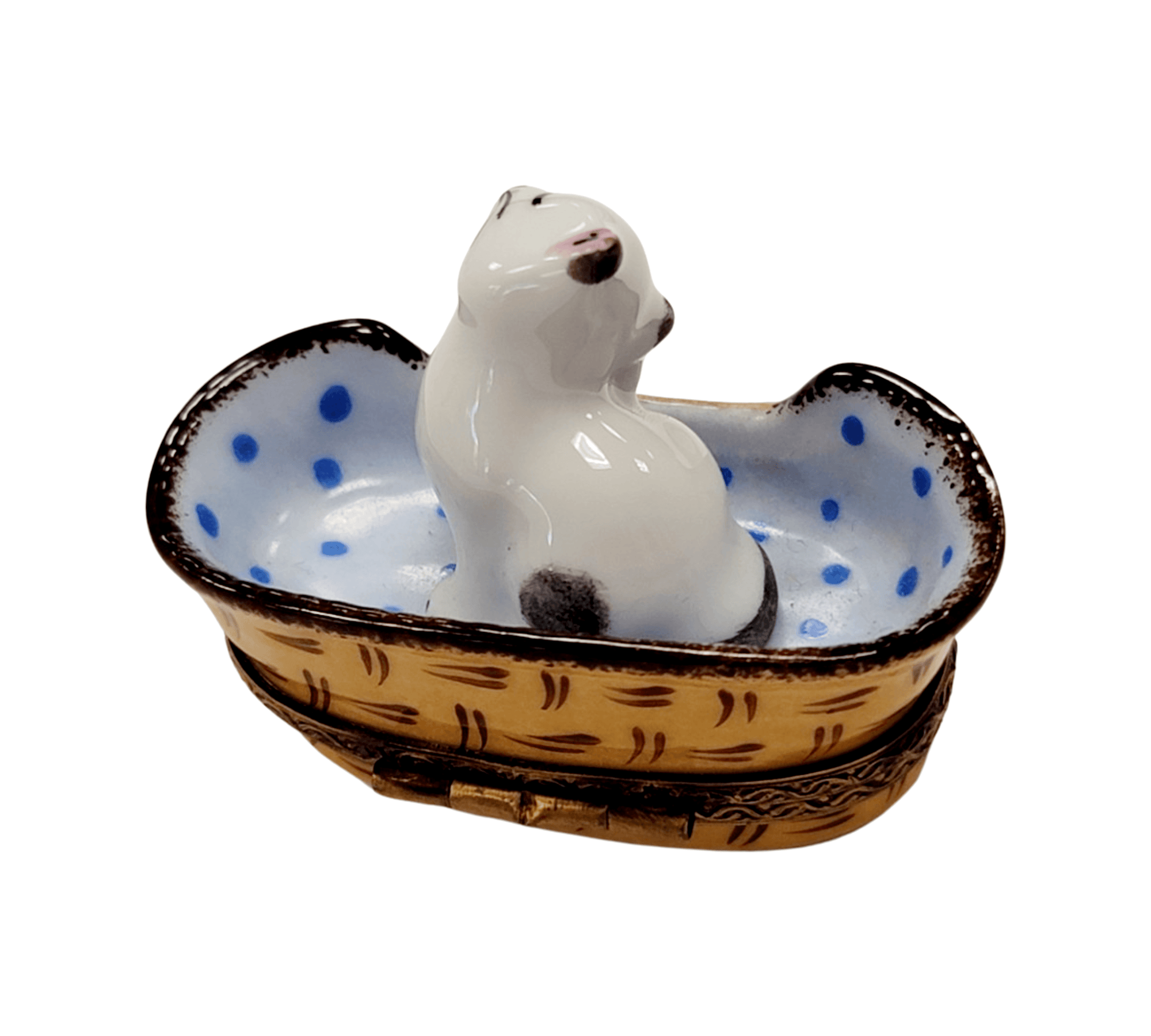 White Cat in Blue Basket Porcelain Limoges French Trinket Box