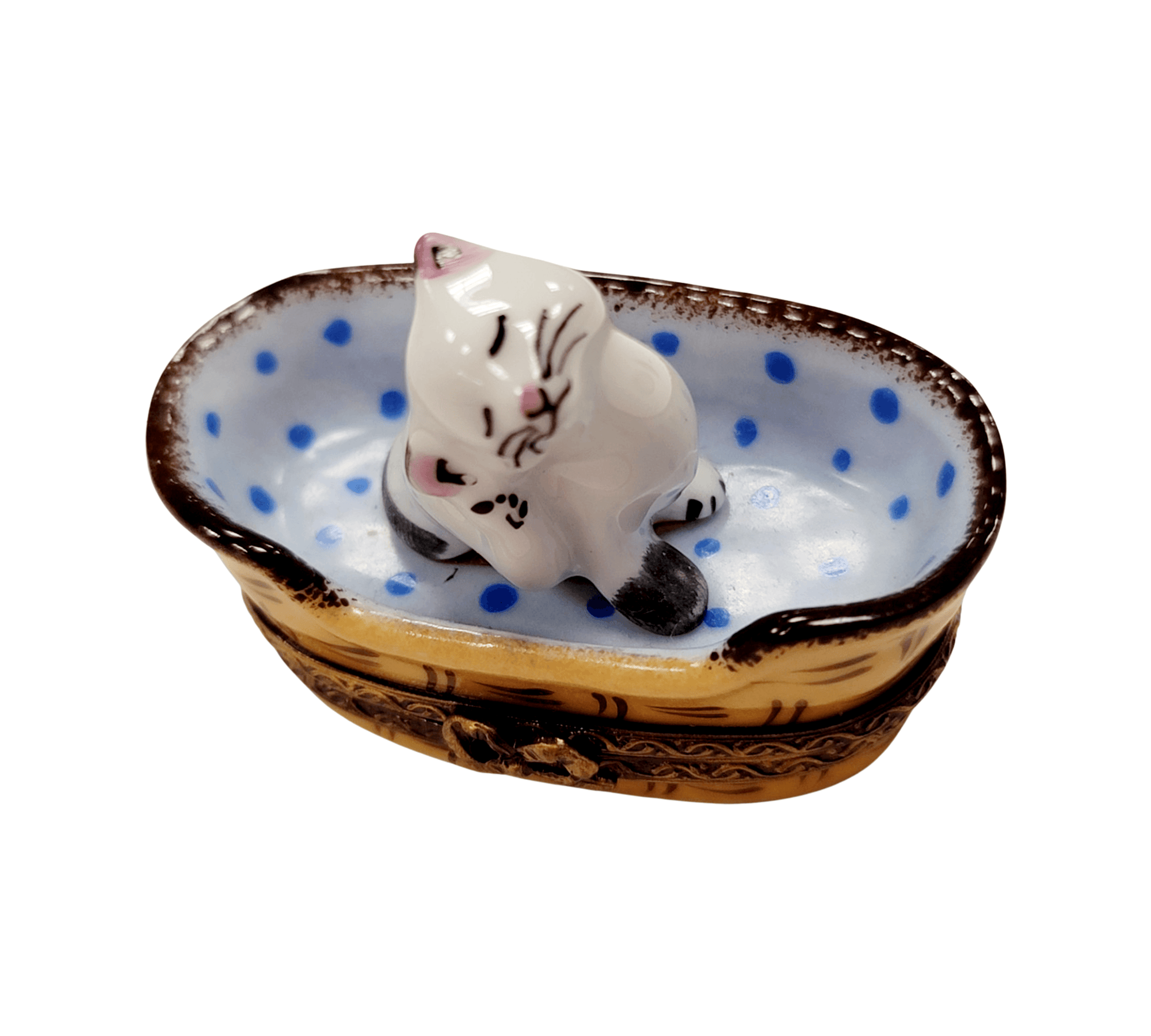White Cat in Blue Basket Porcelain Limoges French Trinket Box