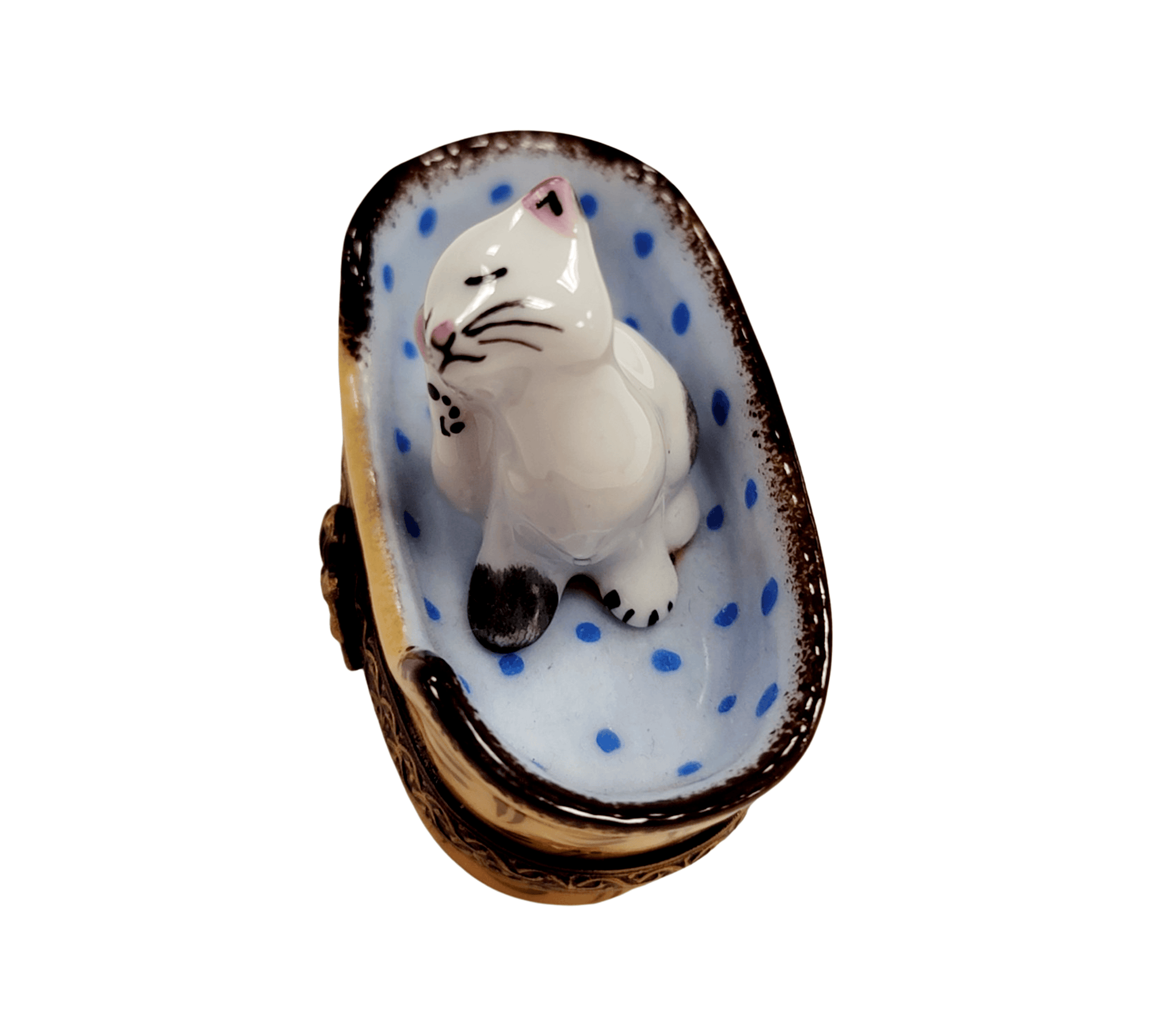 White Cat in Blue Basket Porcelain Limoges French Trinket Box