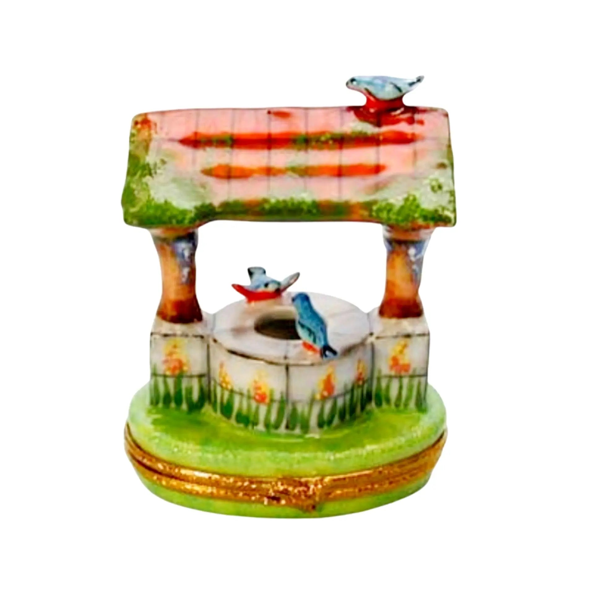 Wishing Well w Blue Birds Porcelain Limoges Garden Flowers French Trinket Box