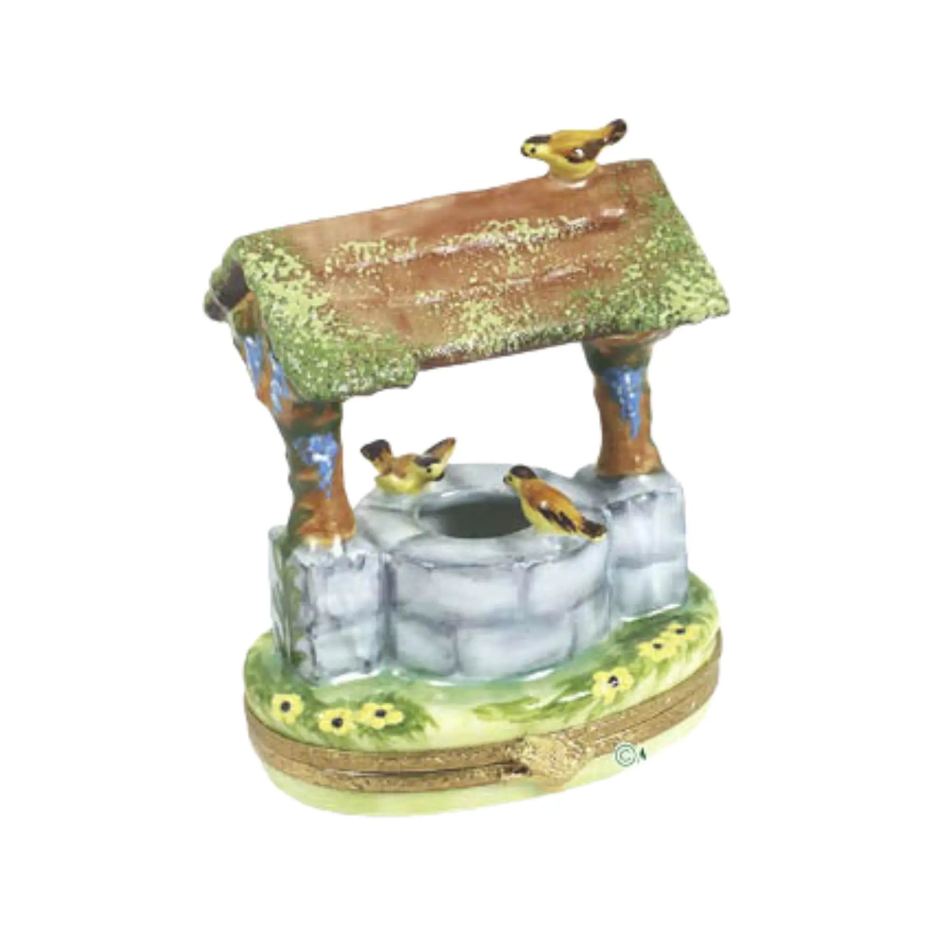 Wishing Well w Yellow Birds Porcelain Limoges Garden Flowers French Trinket Box