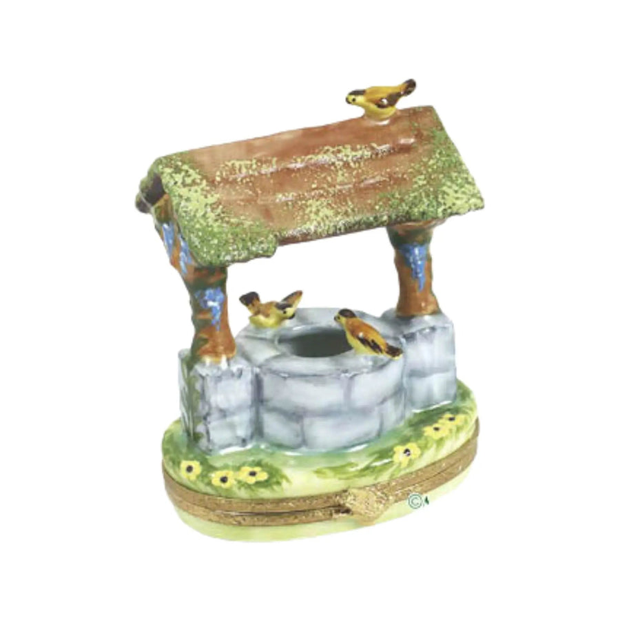 Wishing Well w Yellow Birds Porcelain Limoges Garden Flowers French Trinket Box