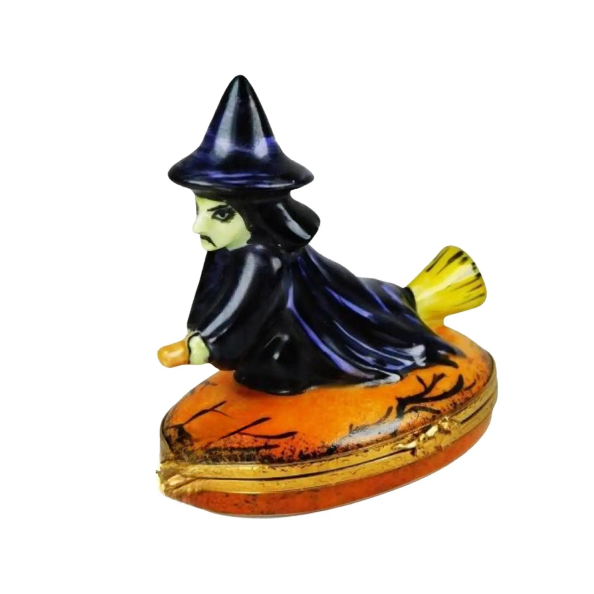 Witch Riding Broom Porcelain Limoges Halloween French Trinket Box