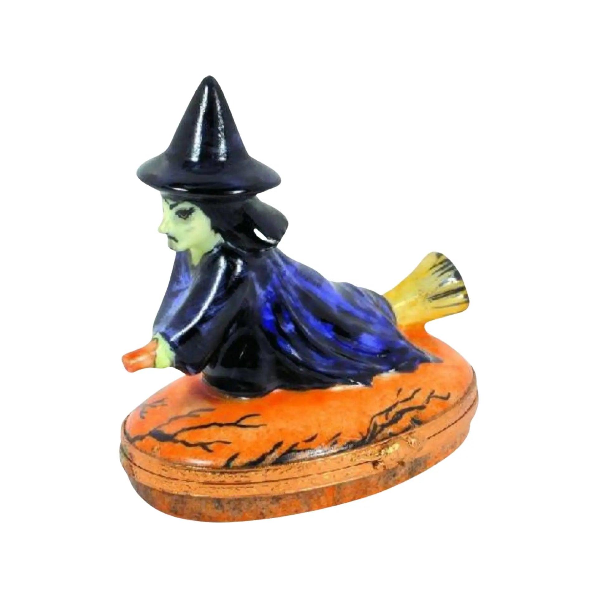 Witch Riding Broom Porcelain Limoges Halloween French Trinket Box