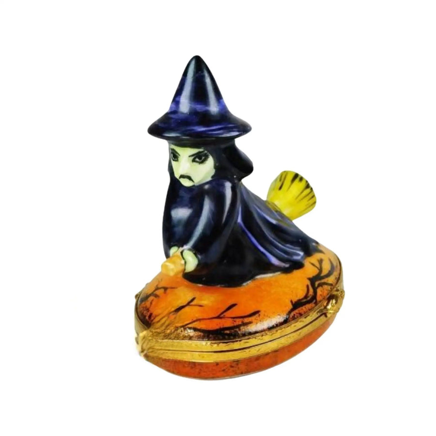 Witch Riding Broom Porcelain Limoges Halloween French Trinket Box