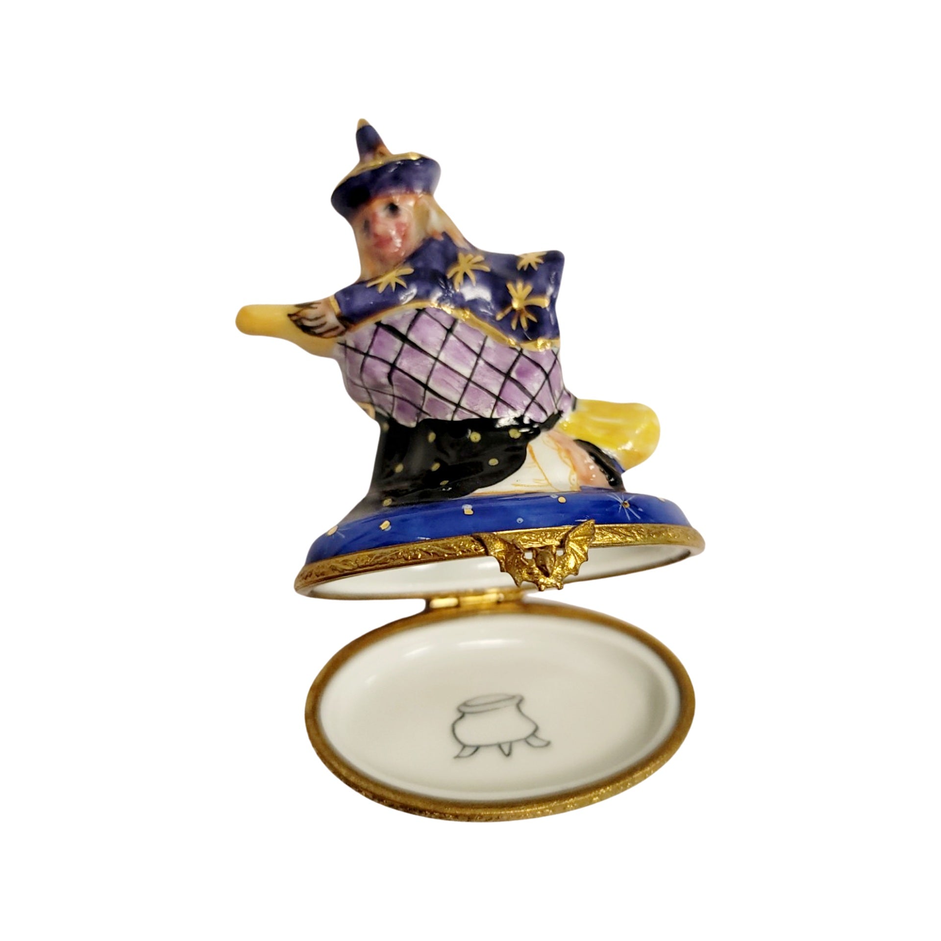 Witch on Broom Figurine Porcelain Limoges halloween French Trinket Box