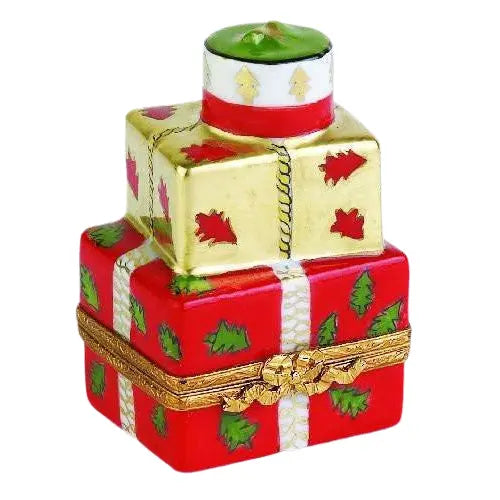 Xmas Present: Red And Gold Porcelain Limoges xmas theme French Trinket Box