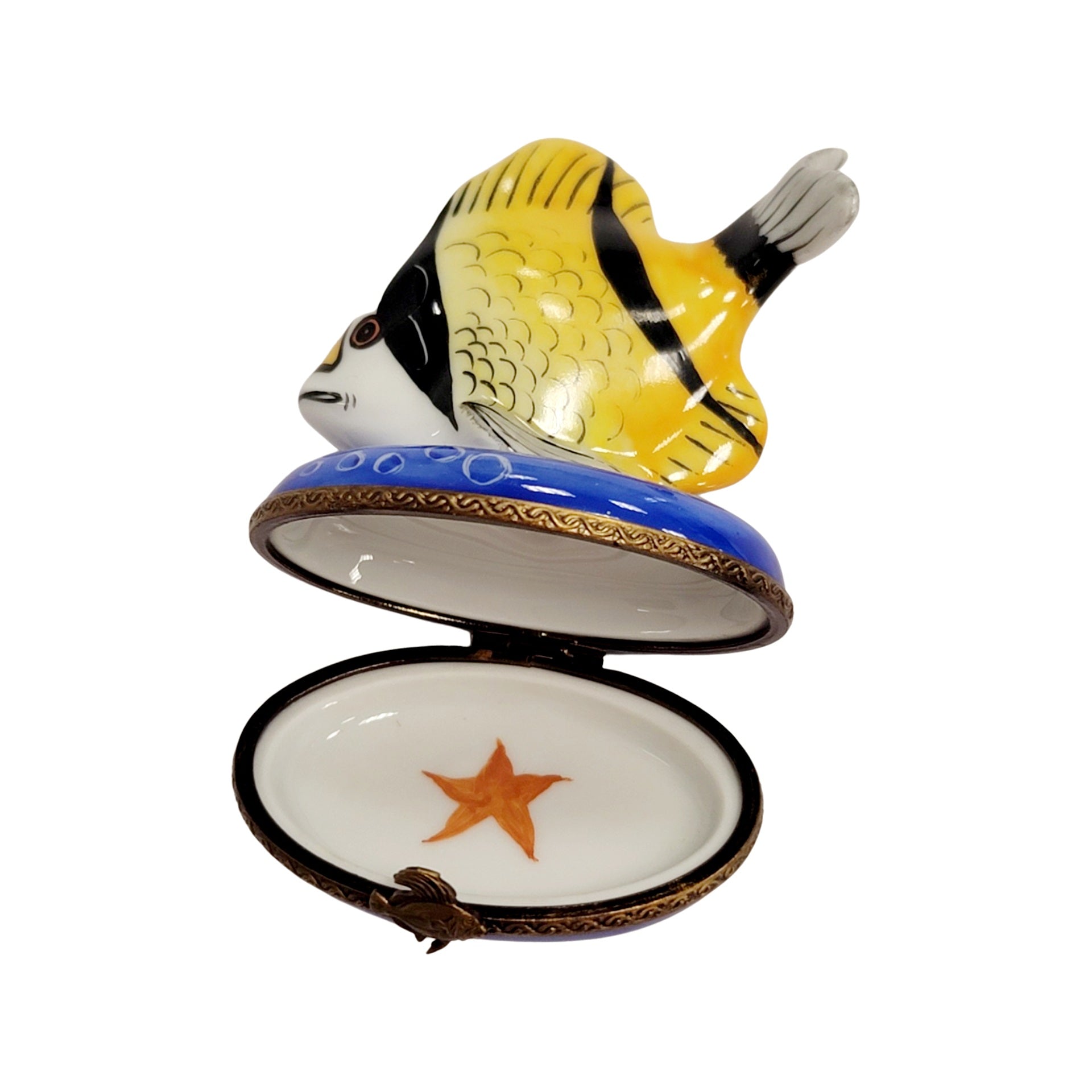 Yellow Black Tropical Fish Figurine Porcelain Limoges fish ocean beach LIMOGES BOXES French Trinket Box