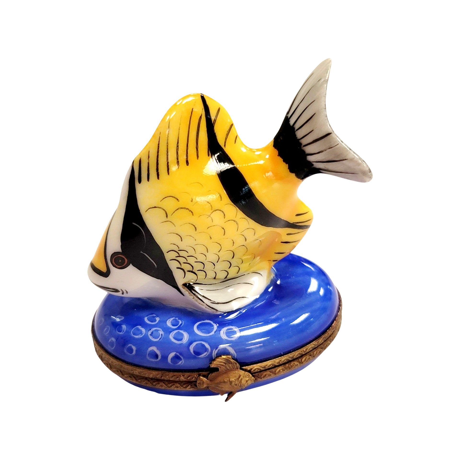 Yellow Black Tropical Fish Figurine Porcelain Limoges fish ocean beach LIMOGES BOXES French Trinket Box