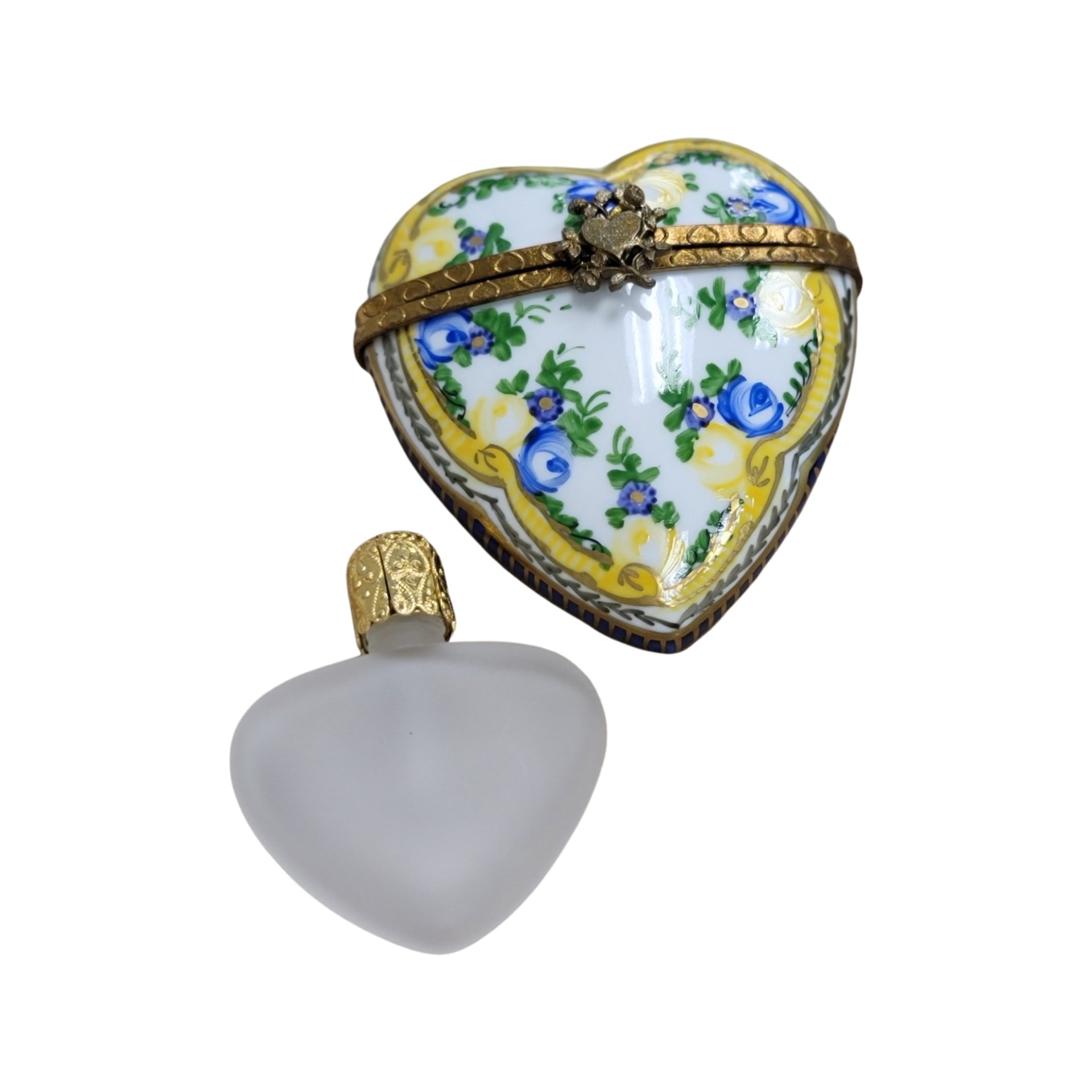 Yellow Blue Heart Perfume Box Porcelain Limoges hearts perfume French Trinket Box
