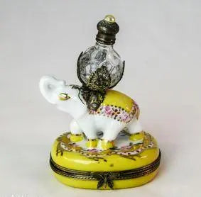 Yellow Emperial Elephant w Perfume Porcelain Limoges wild animal French Trinket Box