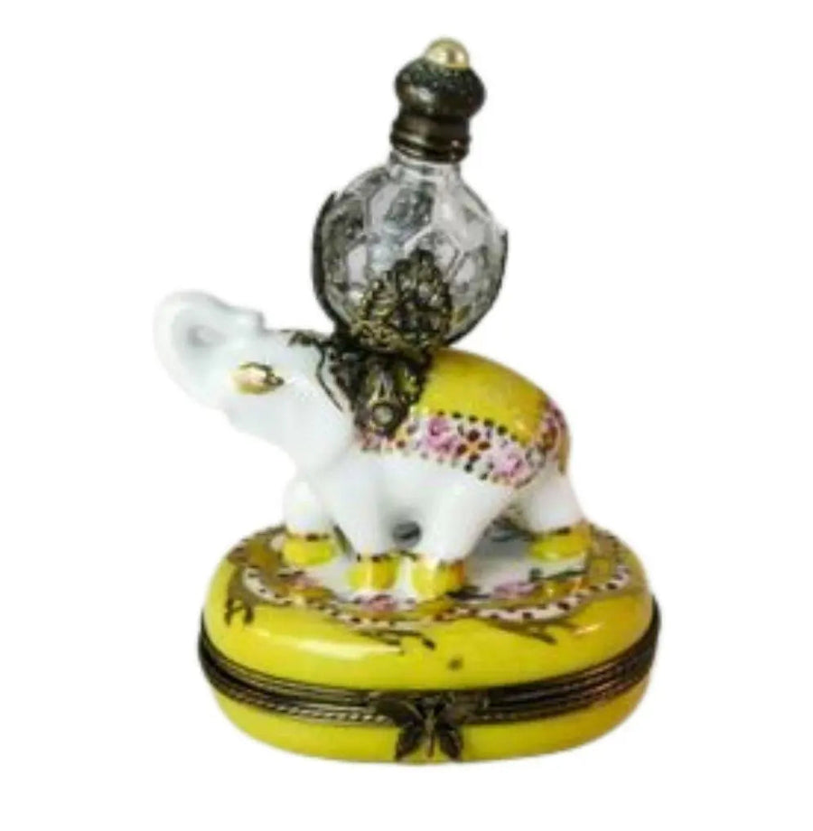 Yellow Emperial Elephant w Perfume Porcelain Limoges wild animal French Trinket Box