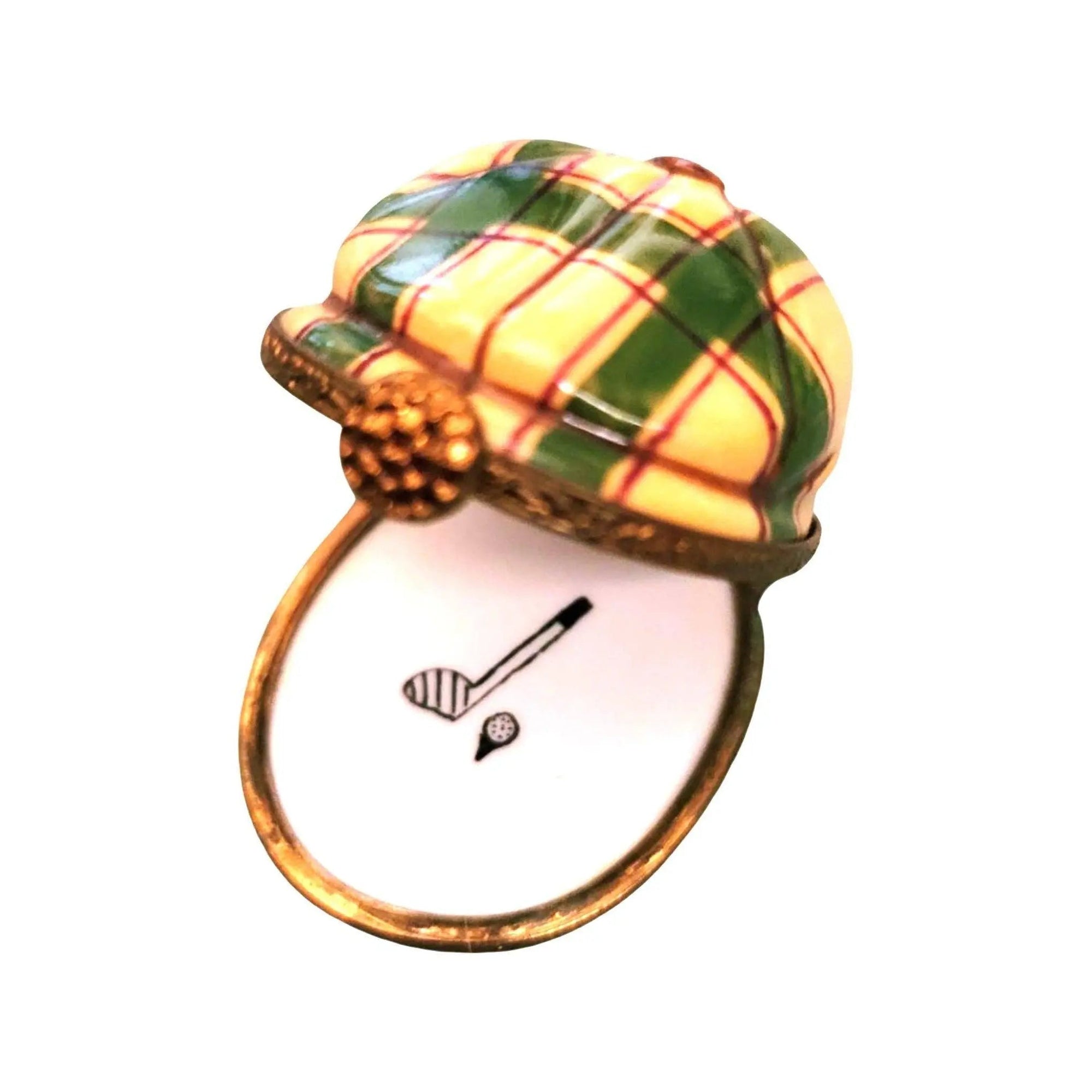 Yellow Green Plaid Golf Hat Porcelain Limoges Limoges Boxes sports French Trinket Box