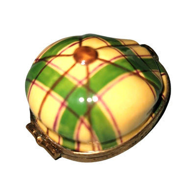 Yellow Green Plaid Golf Hat Porcelain Limoges Limoges Boxes sports French Trinket Box