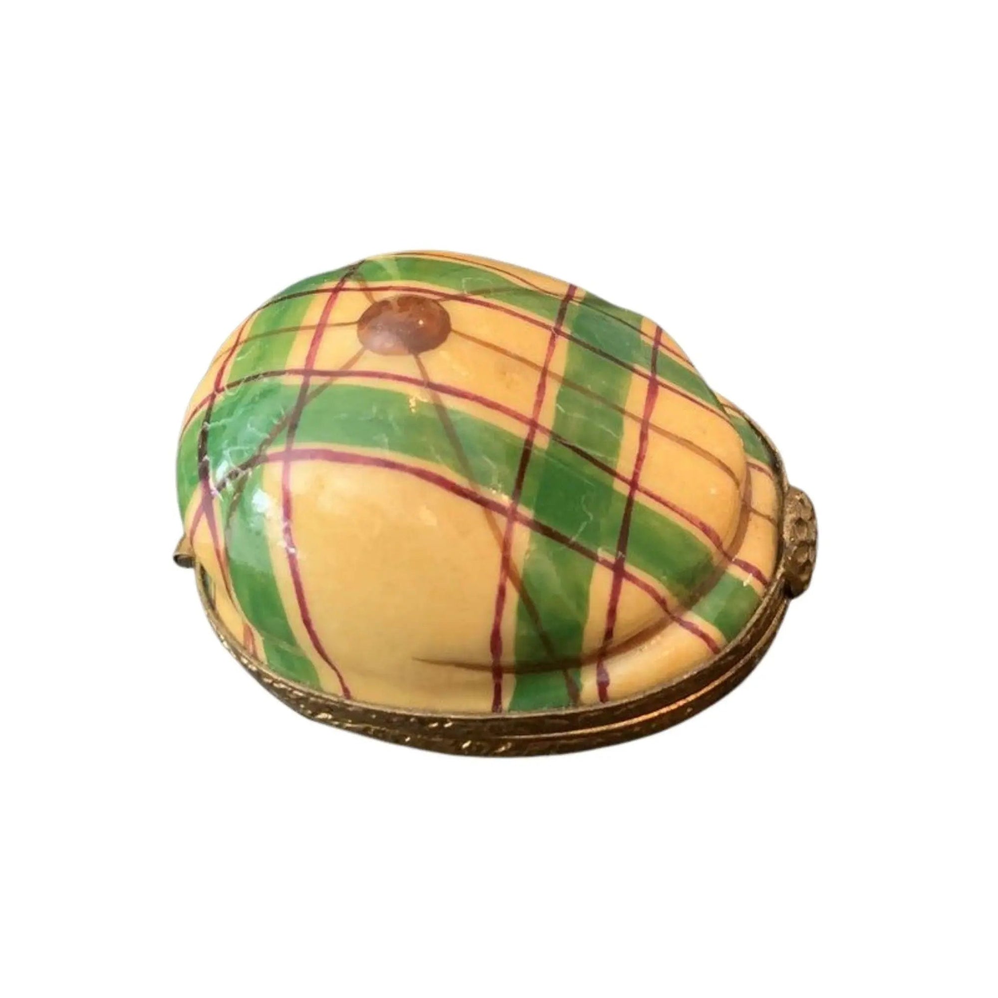 Yellow Green Plaid Golf Hat Porcelain Limoges Limoges Boxes sports French Trinket Box
