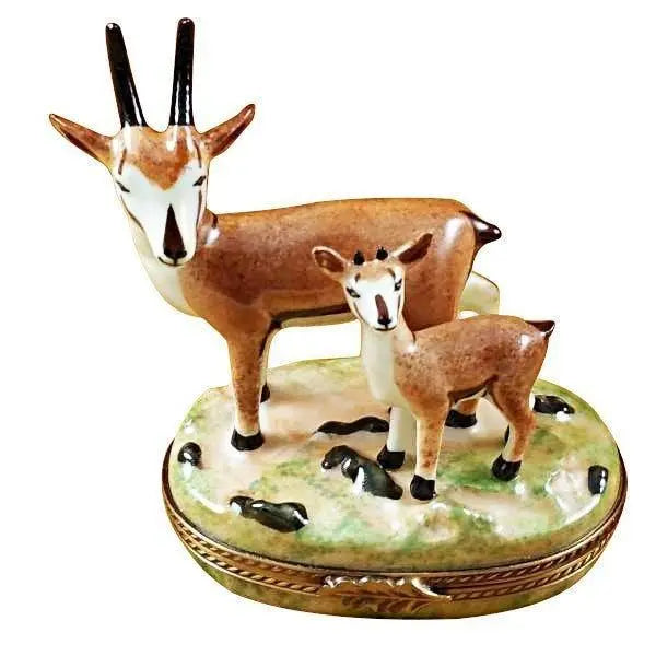African Antelope with Baby Porcelain Limoges Travel wild animals French Trinket Box