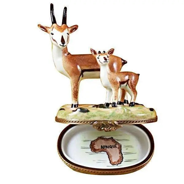 African Antelope with Baby Porcelain Limoges Travel wild animals French Trinket Box