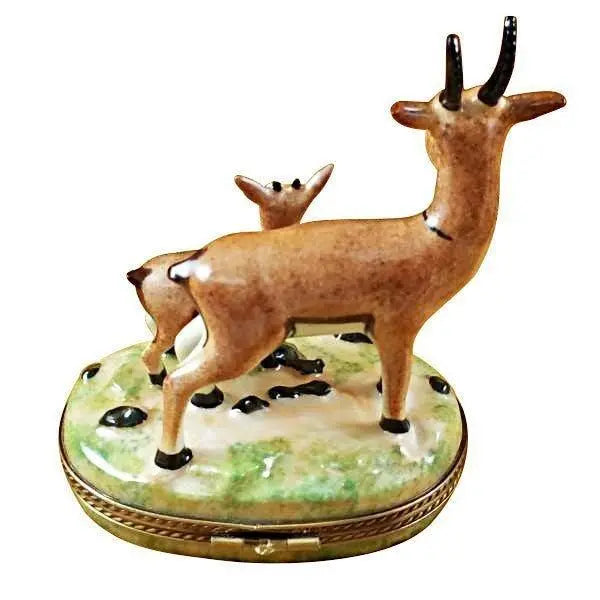 African Antelope with Baby Porcelain Limoges Travel wild animals French Trinket Box