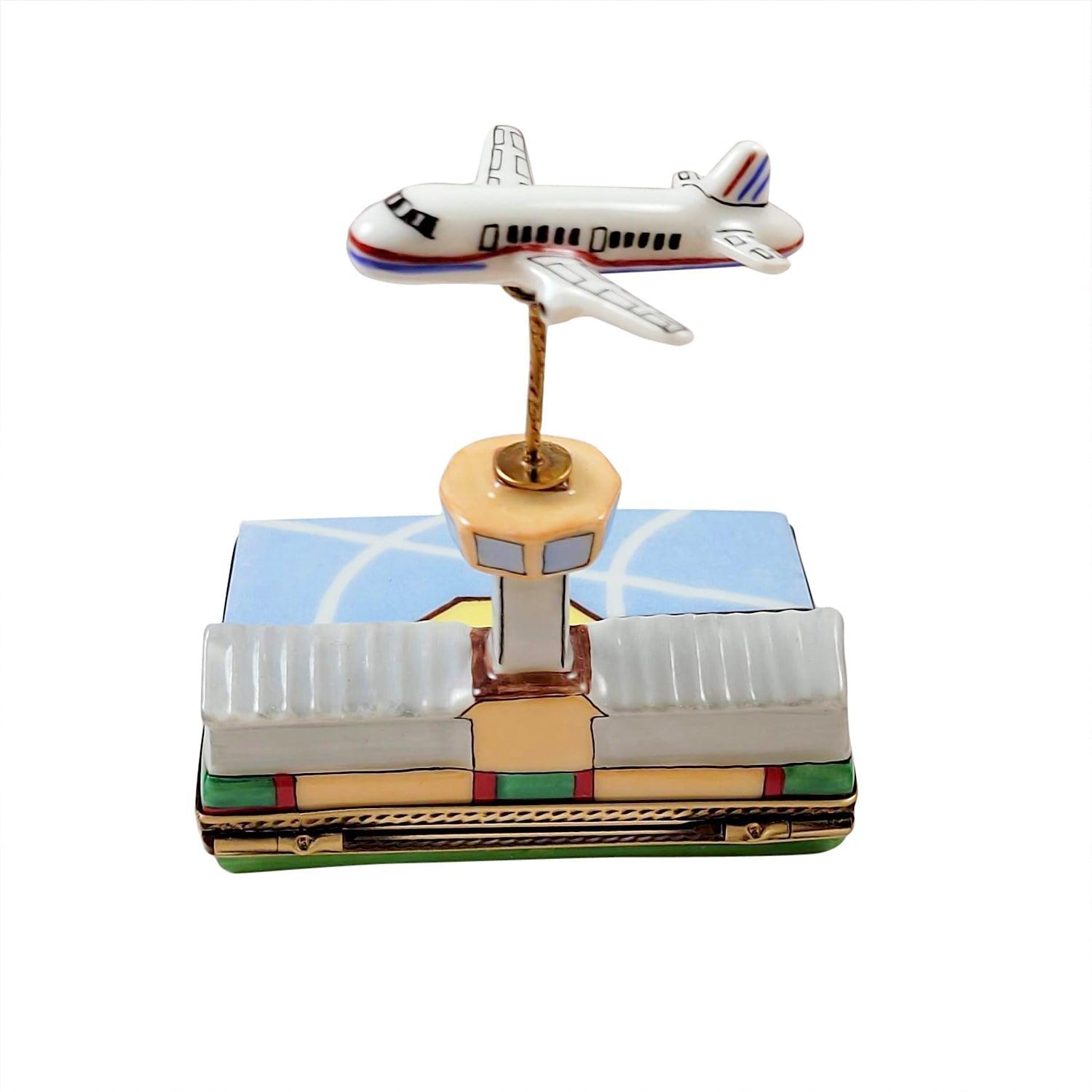 Airport w Flying Plane Porcelain Limoges Travel Moving Vehicles French Trinket Box