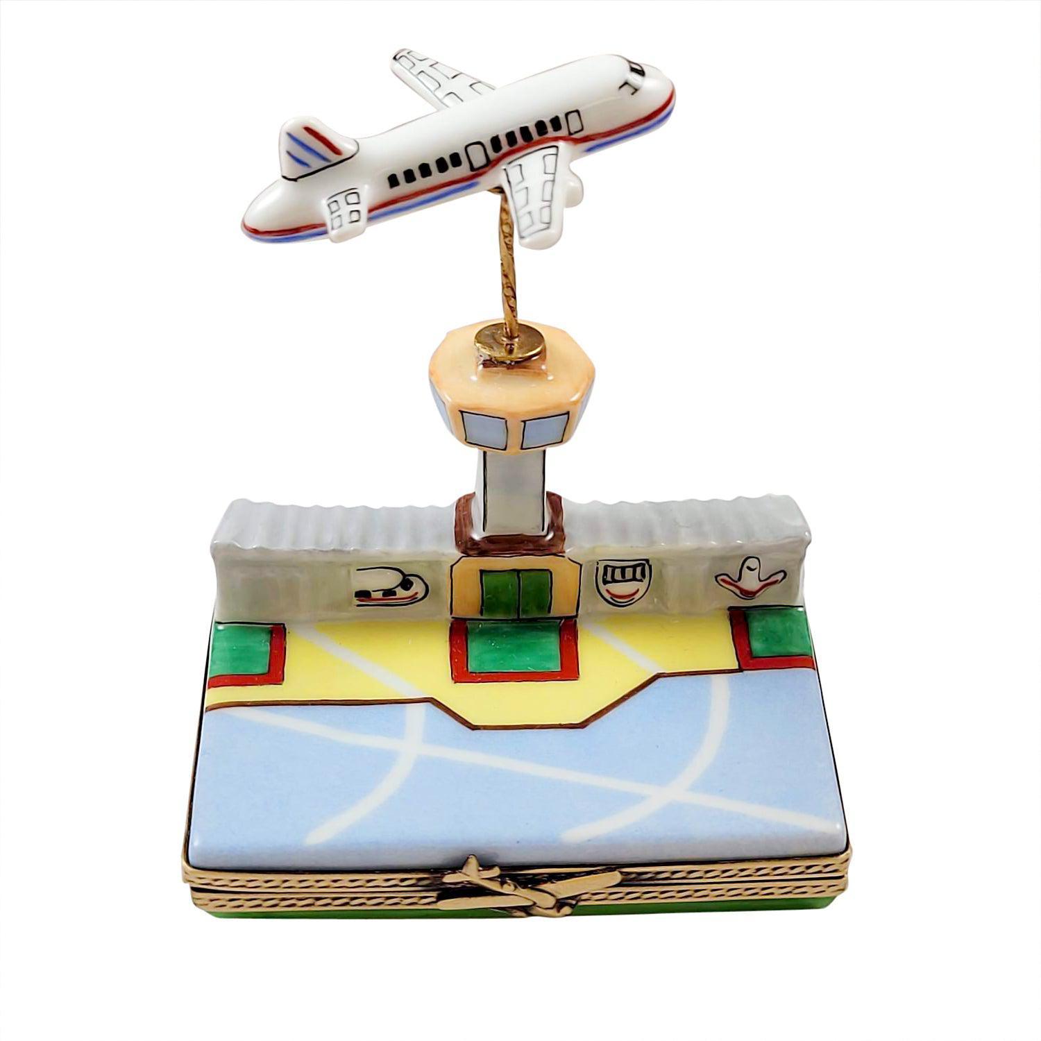 Airport w Flying Plane Porcelain Limoges Travel Moving Vehicles French Trinket Box