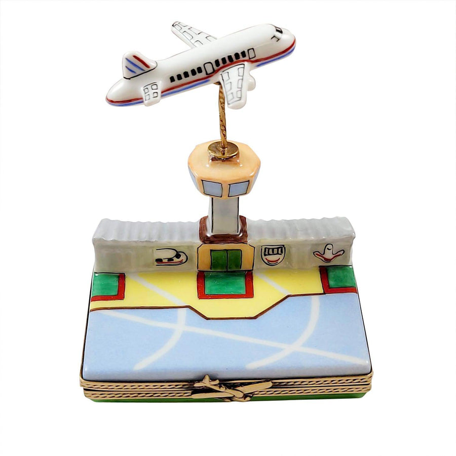 Airport w Flying Plane Porcelain Limoges Travel Moving Vehicles French Trinket Box