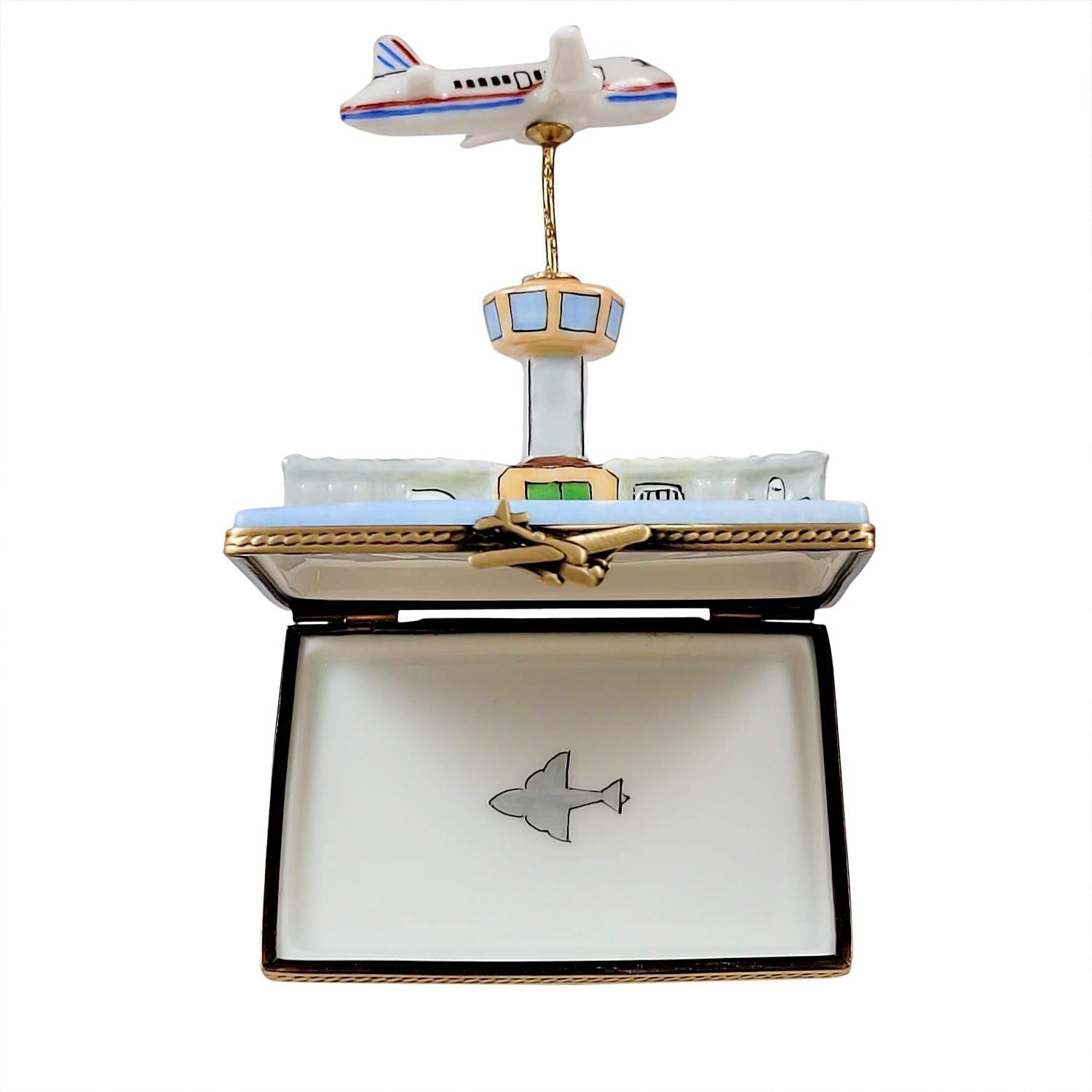 Airport w Flying Plane Porcelain Limoges Travel Moving Vehicles French Trinket Box
