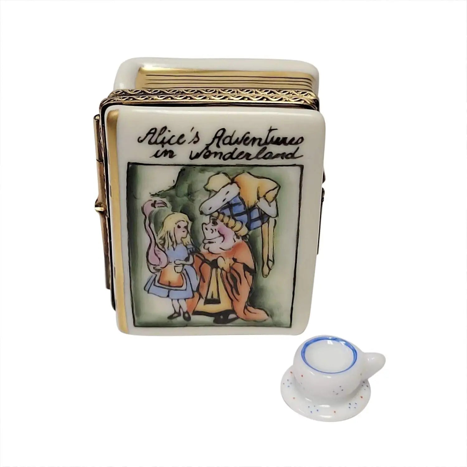 Alice In Wonderland Book with Tea Cup Porcelain Limoges Fairy Book French Trinket Box